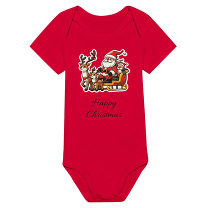 Happy Christmas unisex classic baby short sleeve bodysuit in festive red with Santa and reindeer design.