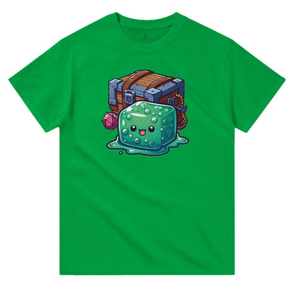 Green crewneck t-shirt featuring a gelatinous cube and mimic design.