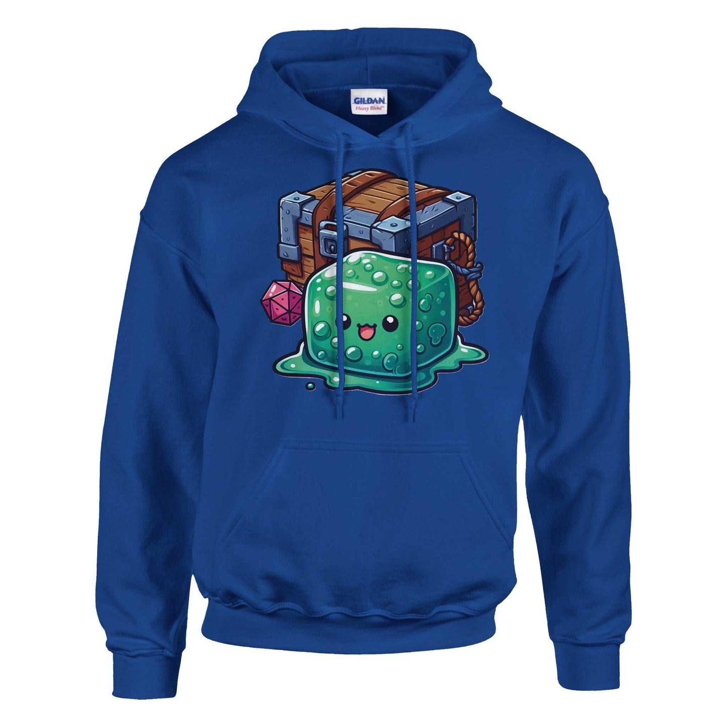 Blue hoodie featuring a design of a gelatinous cube and a mimic chest.