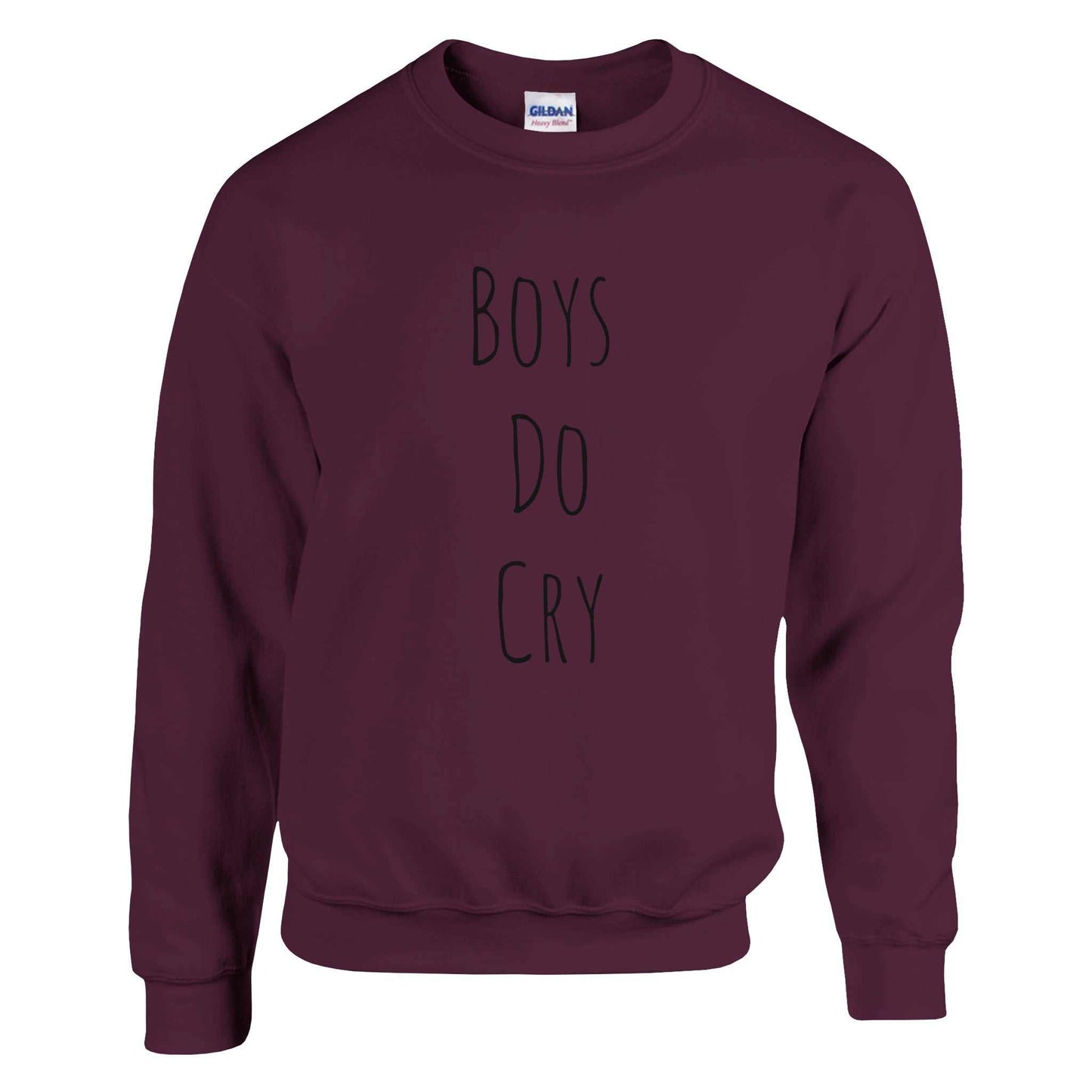 Boys do Cry printed classic crewneck sweatshirt, cotton-polyester blend, maroon, soft and comfortable fit.