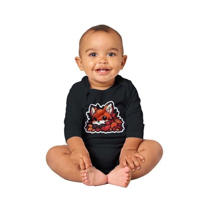 Baby wearing Fox Classic Baby Long Sleeve Bodysuit with cute fox design, black color, 100% cotton.