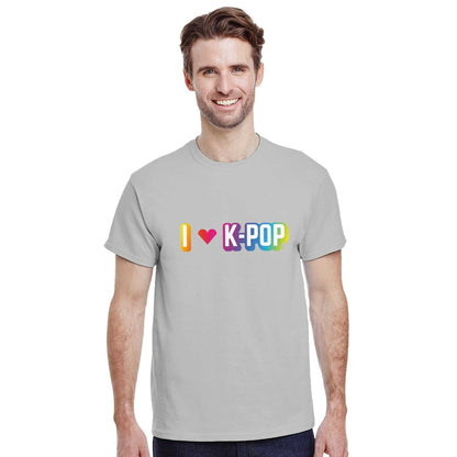 I Love Kpop Crewneck T-shirt with colorful lettering, relaxed fit, 100% cotton, classic style for everyday wear.