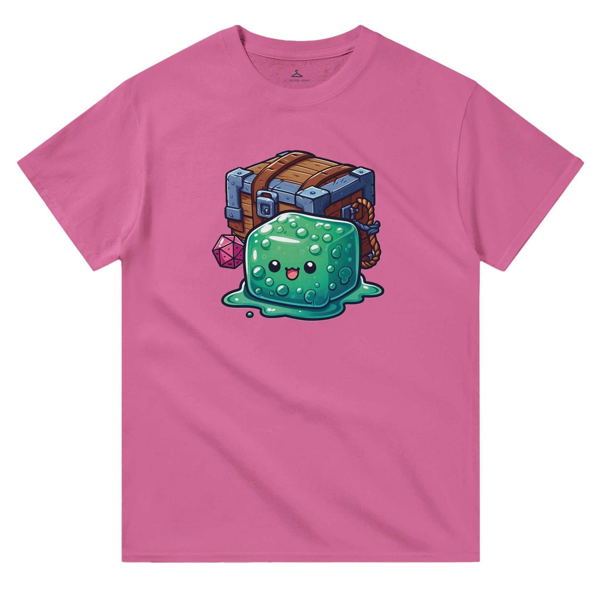 Gelatinous Cube and Mimic design on women's pink crewneck t-shirt.