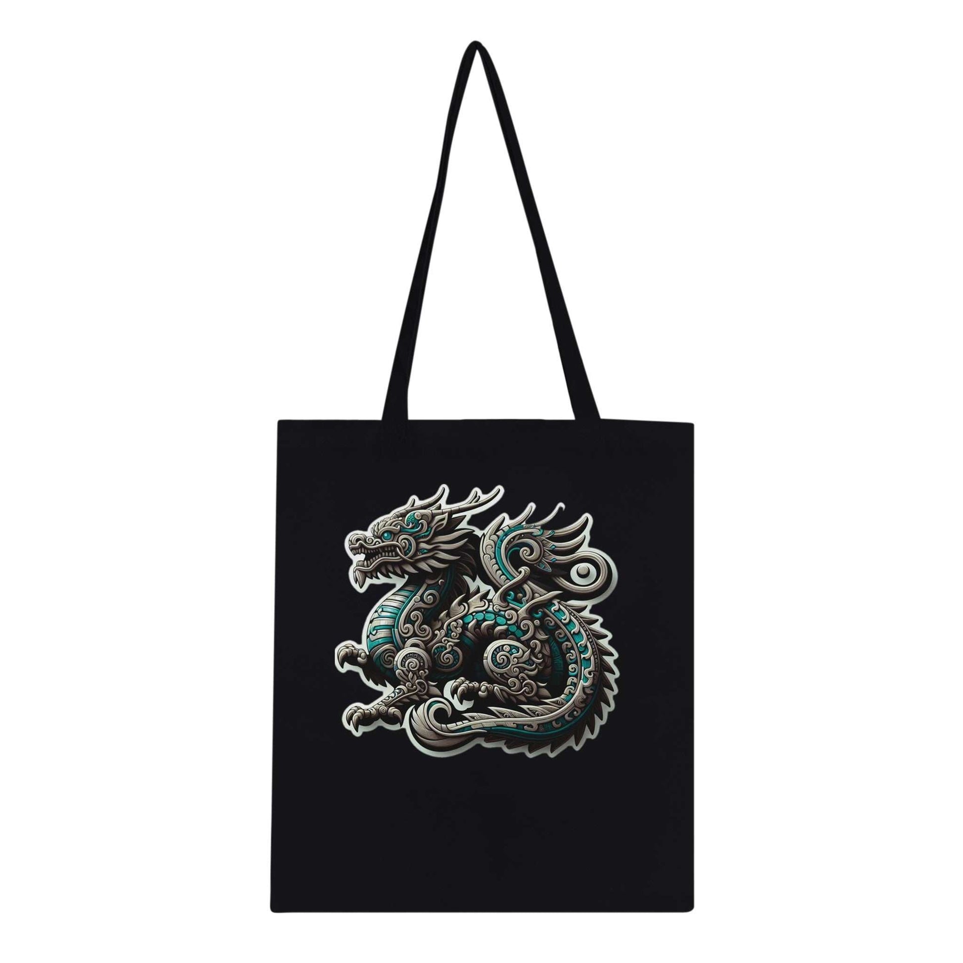 Sliver Dragon Classic Tote Bag with reinforced handles on black cotton fabric.