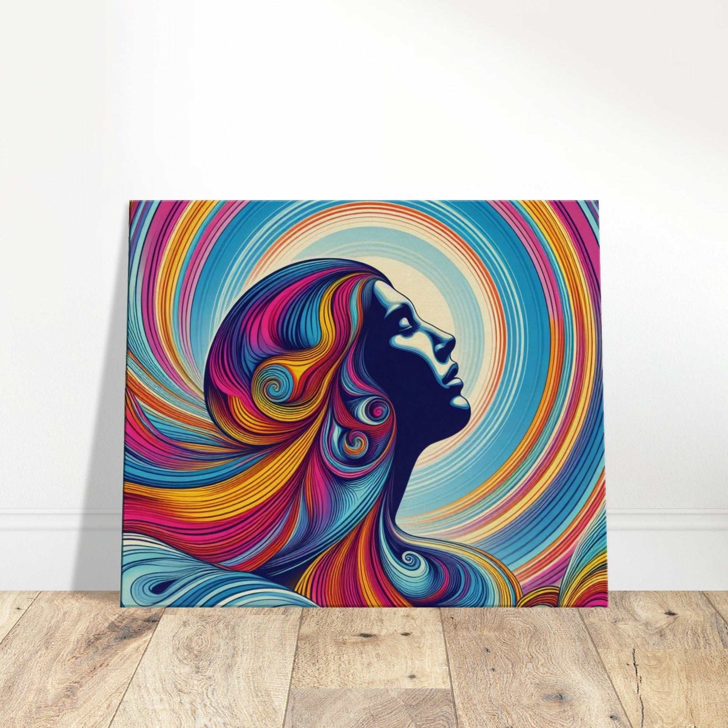 Canvas print of a lady embracing the sun with vibrant colors and enhanced texture.