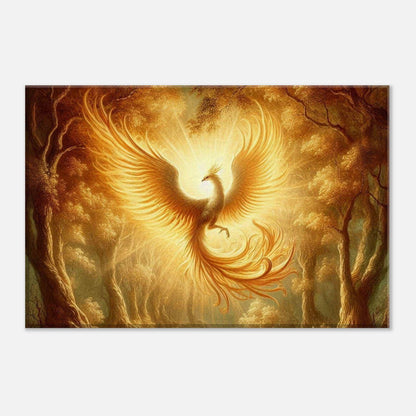 Phoenix Flight Canvas depicting a vibrant phoenix ascending amidst glowing trees, on a textured canvas.