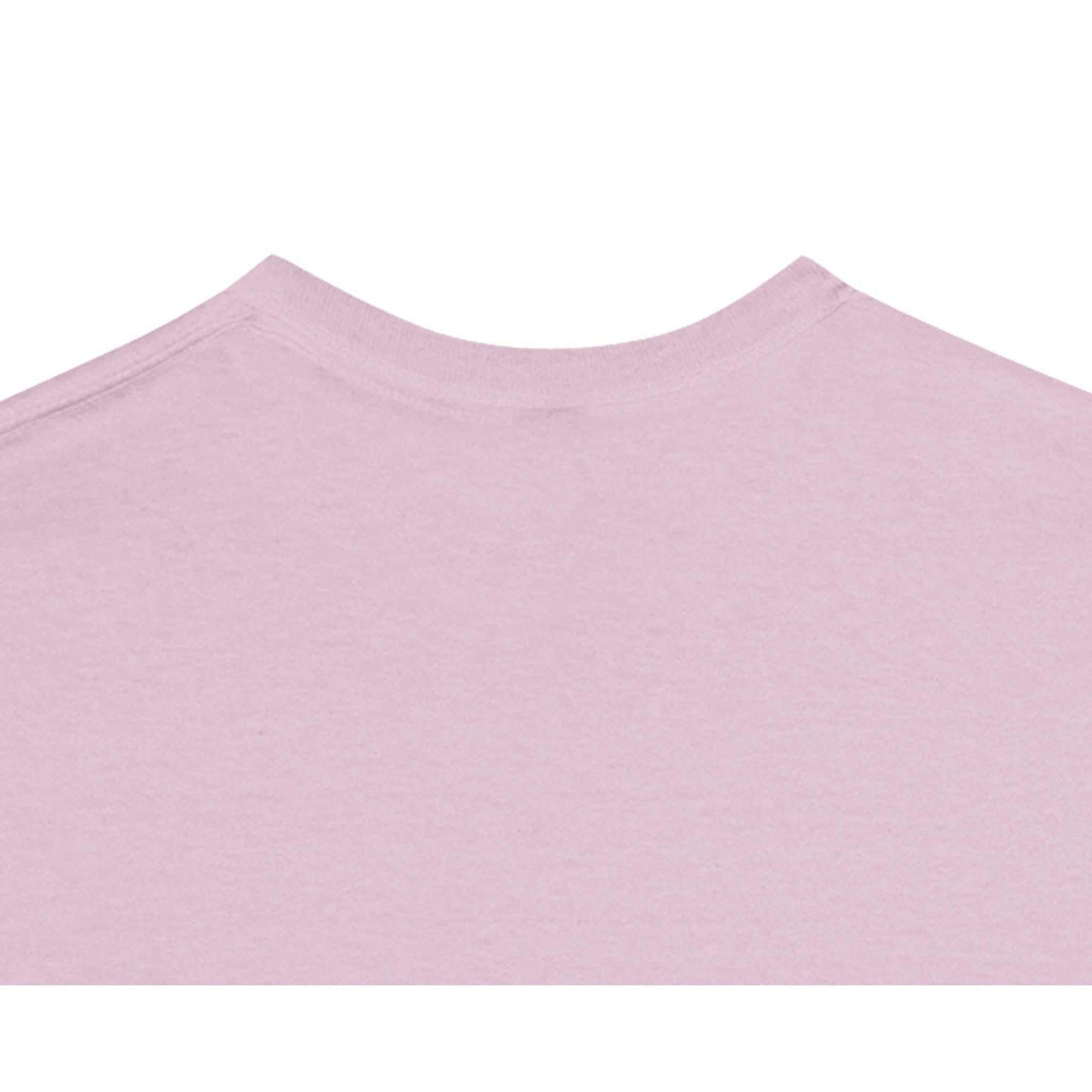 Gelatinous Cube women's crewneck t-shirt in heavyweight cotton with seamless collar, pink background.