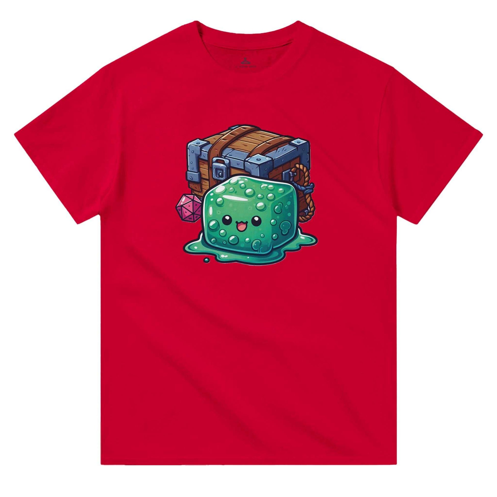 Red women's crewneck t-shirt featuring a cartoon gelatinous cube and mimic design.