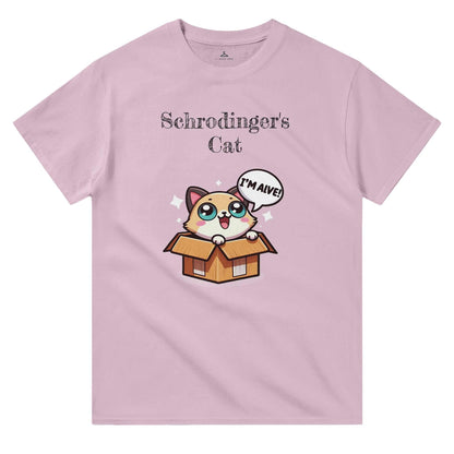 Schrodinger's Cat Crewneck T-shirt featuring humorous cat design in cotton fabric.