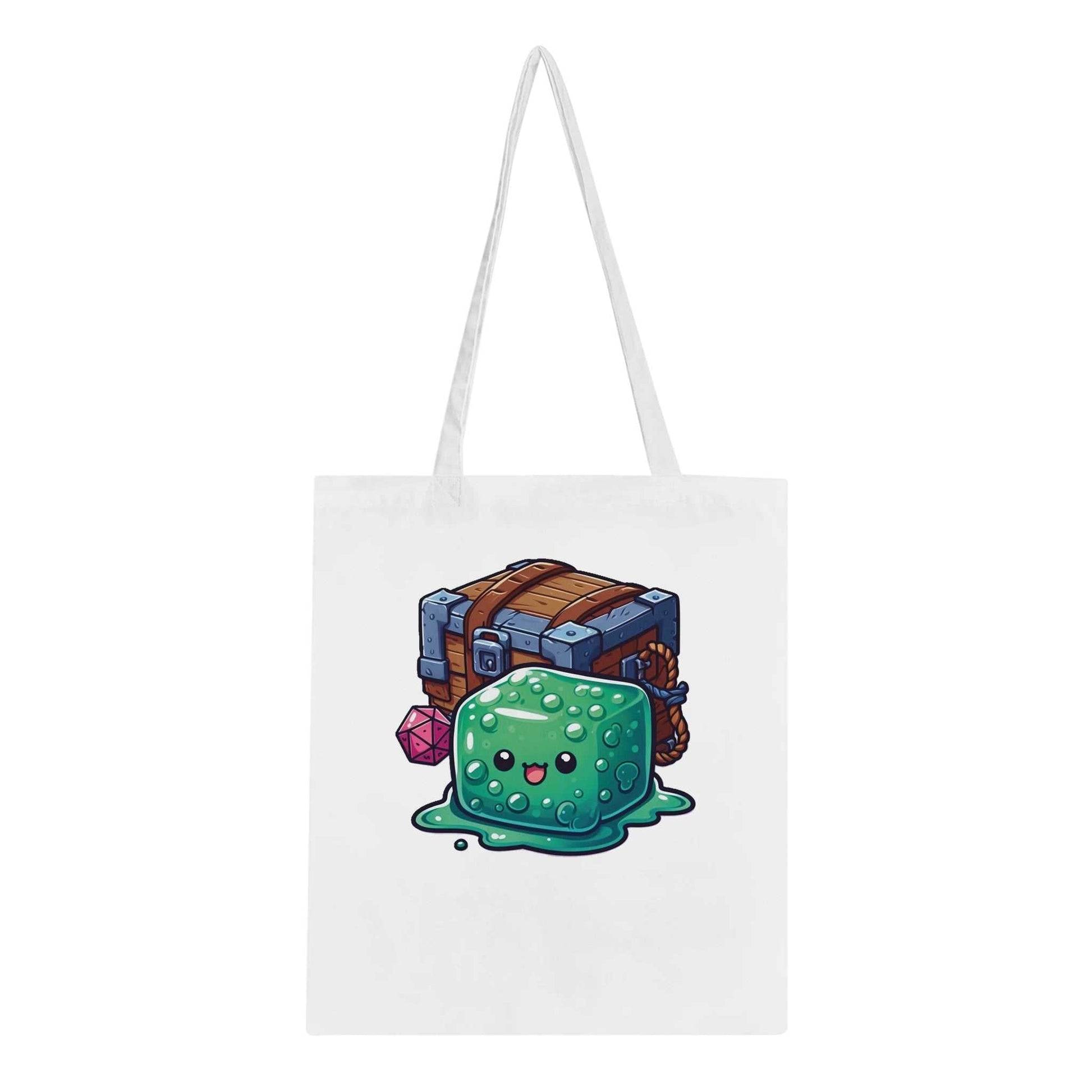 Gelatinous Cube and Mimic Tote Bag with cartoon design; eco-conscious, 100% cotton, 10-liter capacity.