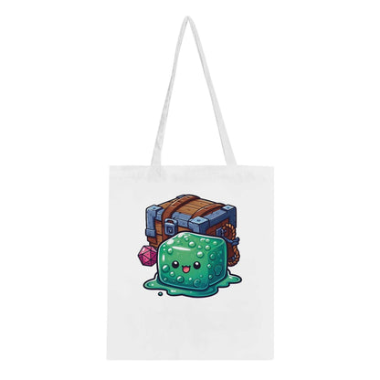 Gelatinous Cube and Mimic Tote Bag with cartoon design; eco-conscious, 100% cotton, 10-liter capacity.