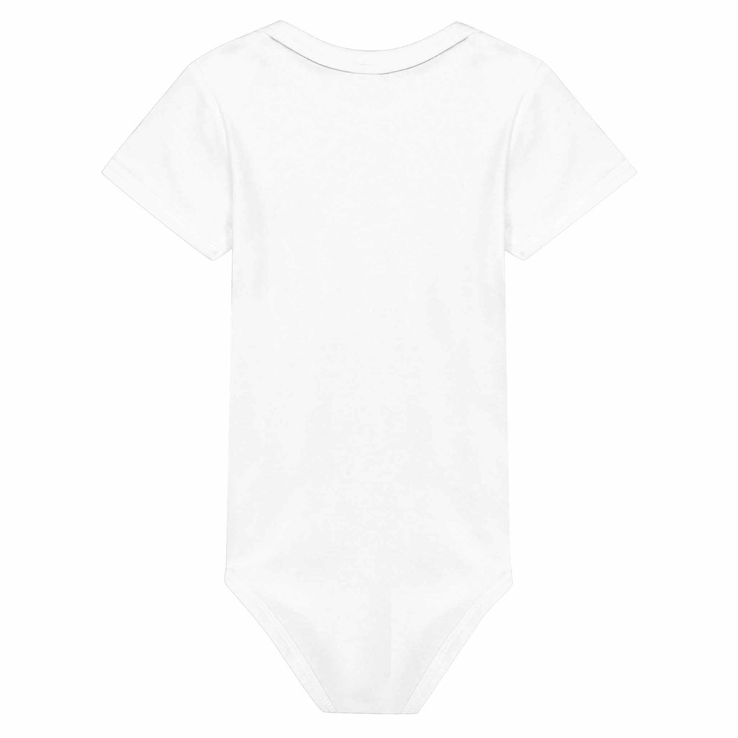 White baby short sleeve bodysuit back view.