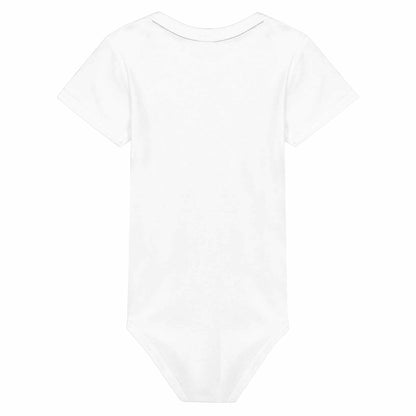 White baby short sleeve bodysuit back view.