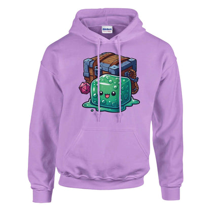 Gelatinous cube and mimic design on women's purple pullover hoodie.