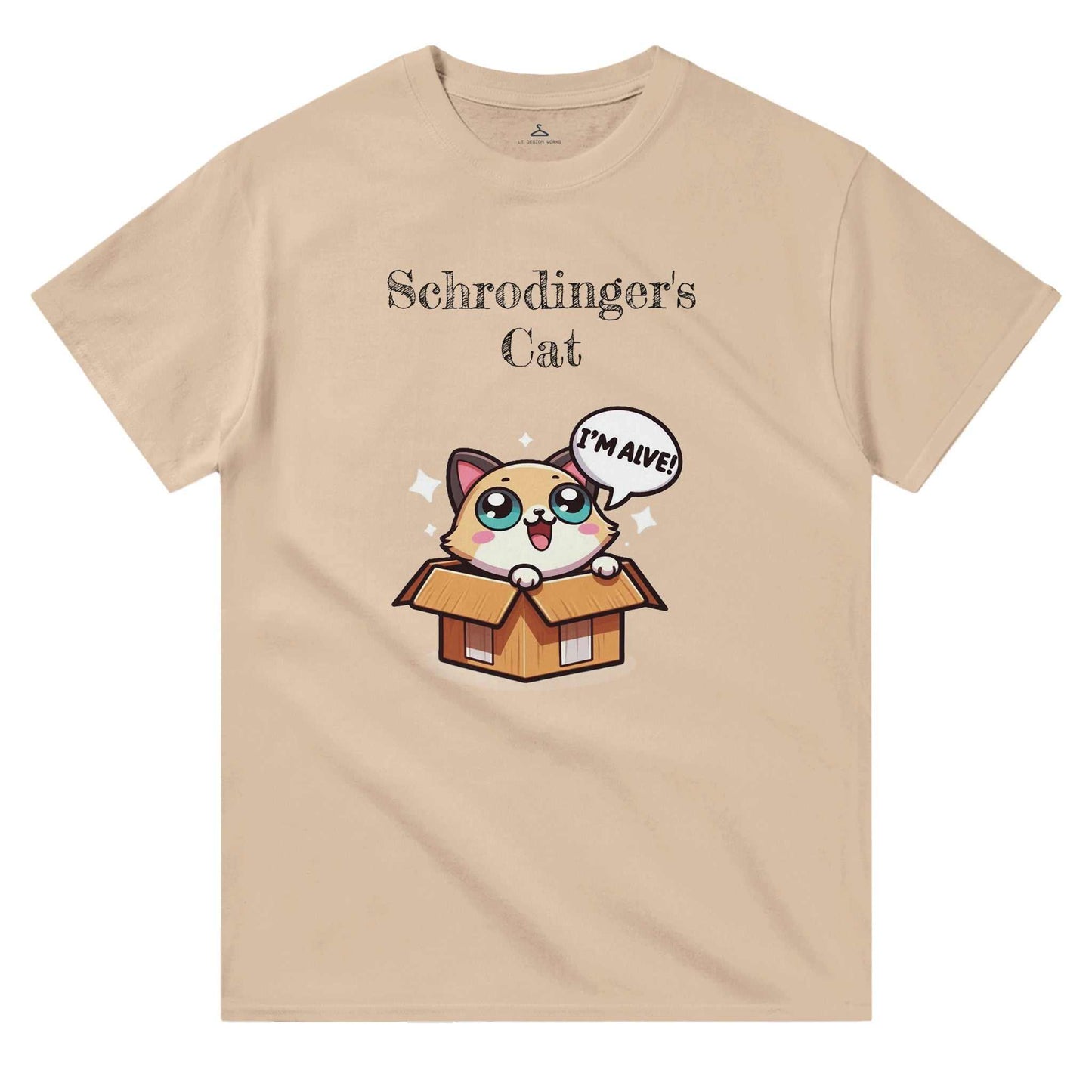 Schrodinger's Cat Crewneck T-shirt featuring a cartoon cat in a box, classic fit, 100% cotton.