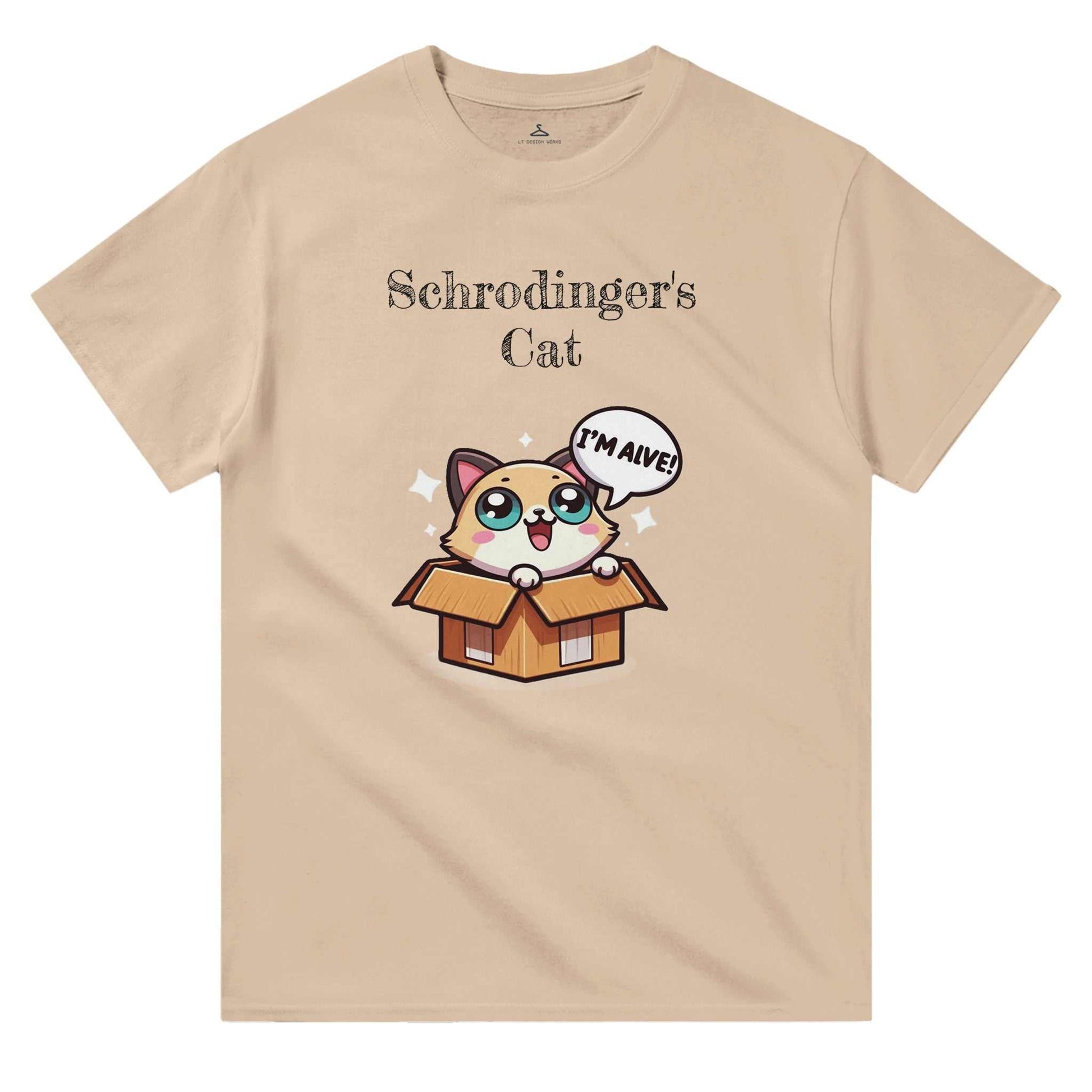 Schrodinger's Cat Crewneck T-shirt featuring a cartoon cat in a box, classic fit, 100% cotton.