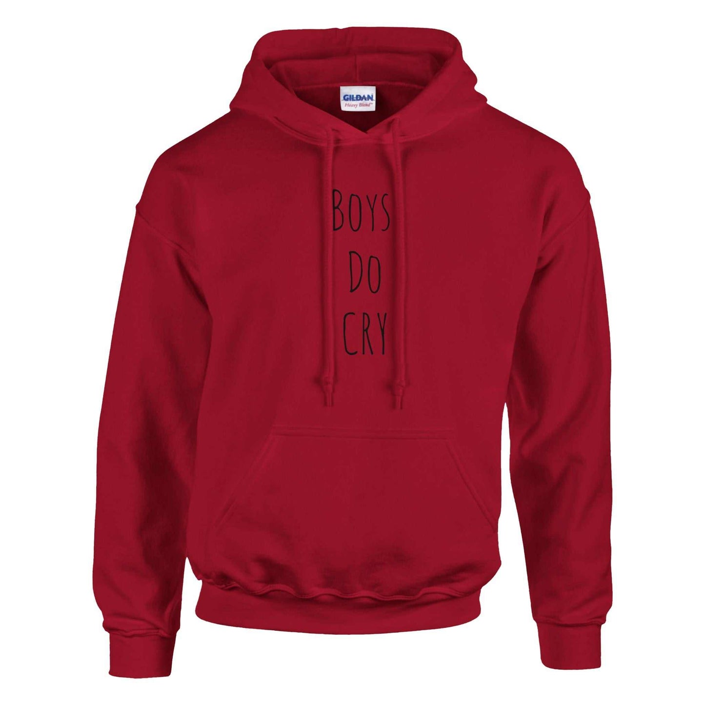 Red "Boys Do Cry" printed classic pullover hoodie with double-lined hood and front pouch pocket.