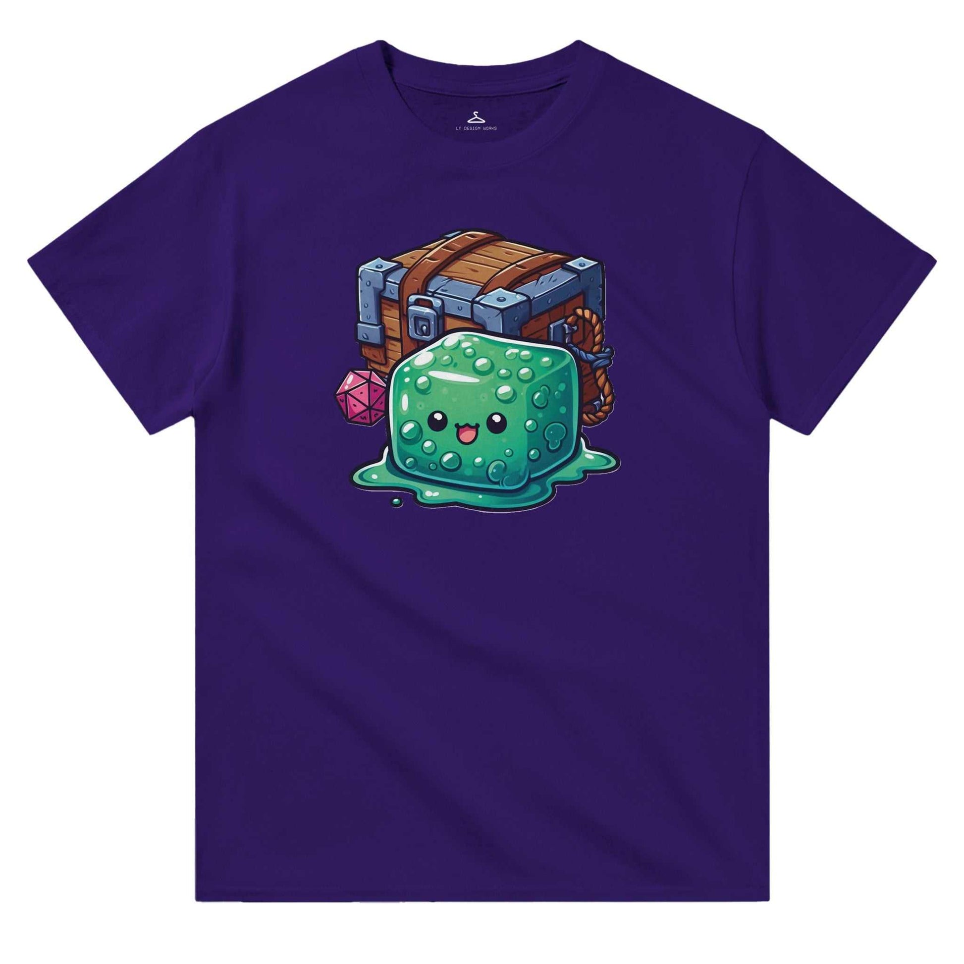 Men's crewneck t-shirt with gelatinous cube and mimic design on heavyweight cotton fabric.