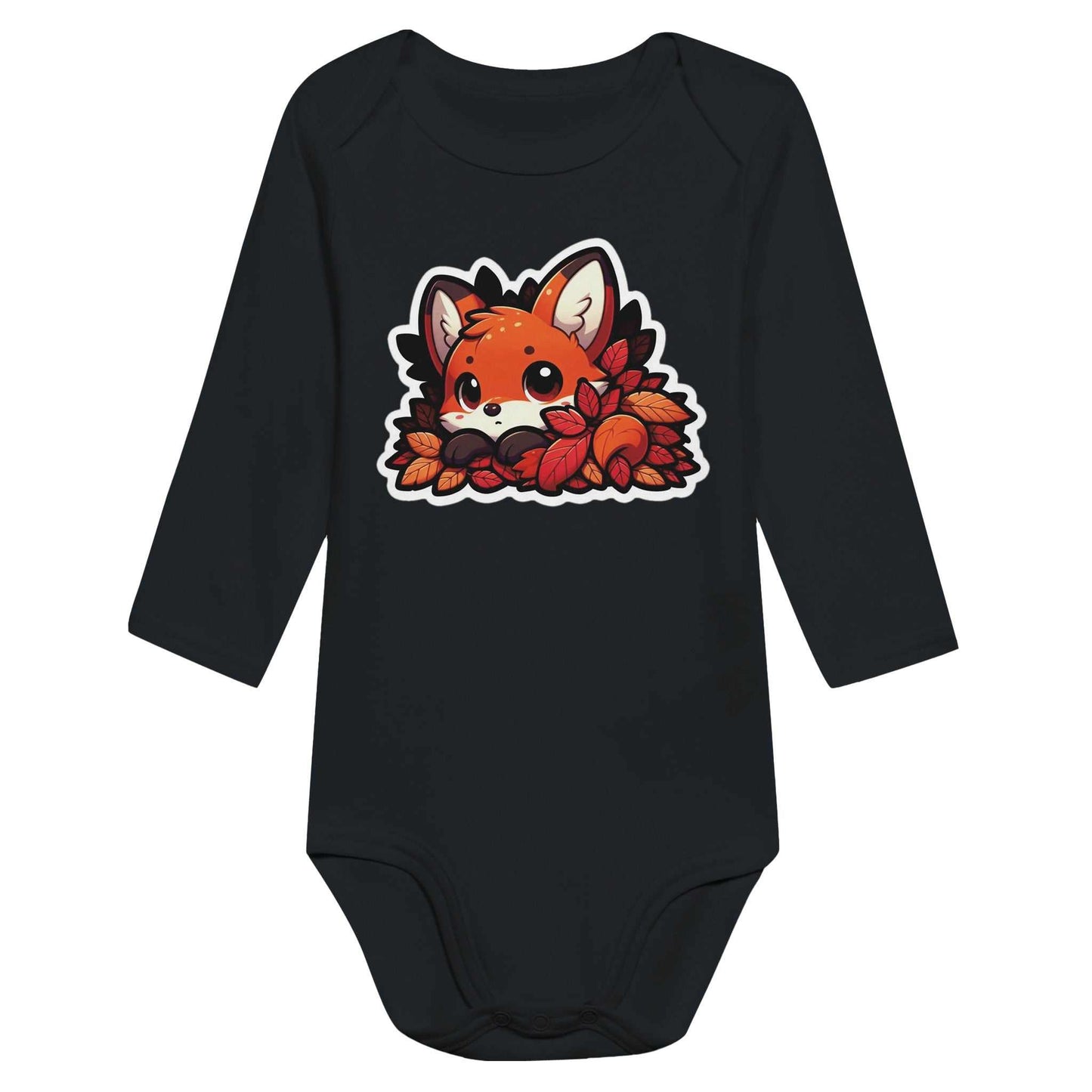 Fox Classic Baby Long Sleeve Bodysuit featuring cartoon fox graphic, black color, 100% cotton.