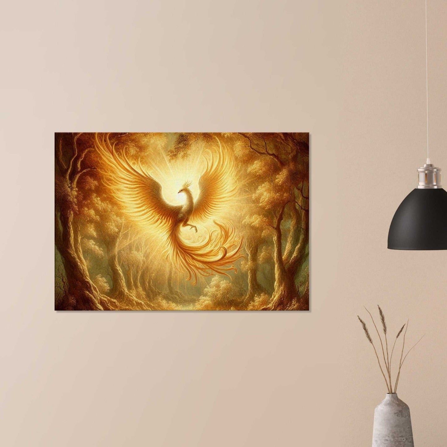 Phoenix Flight Canvas wall art with a vibrant, ascending phoenix in a luxurious setting.