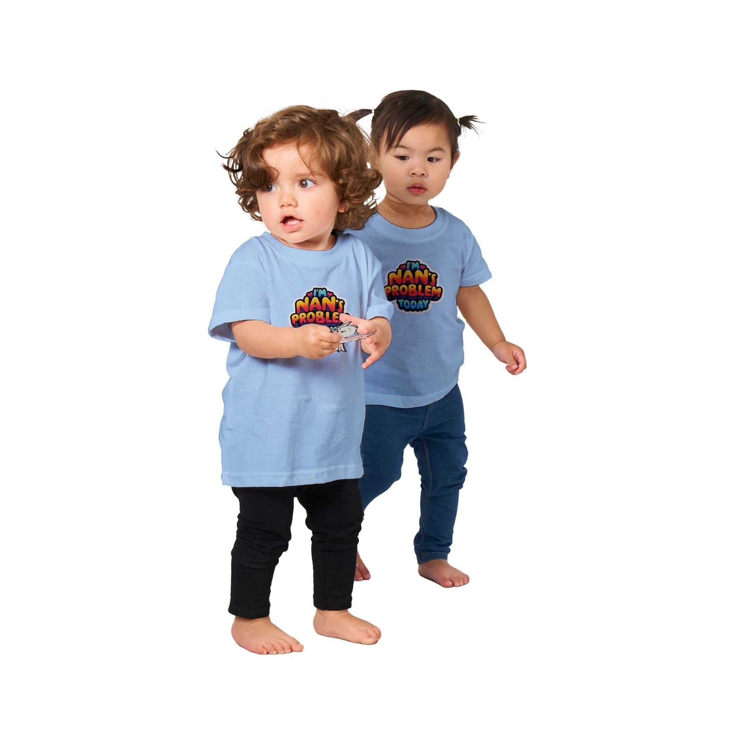 Baby wearing "I'm Nan's Problem Today" blue crewneck t-shirt, 100% cotton, relaxed fit.