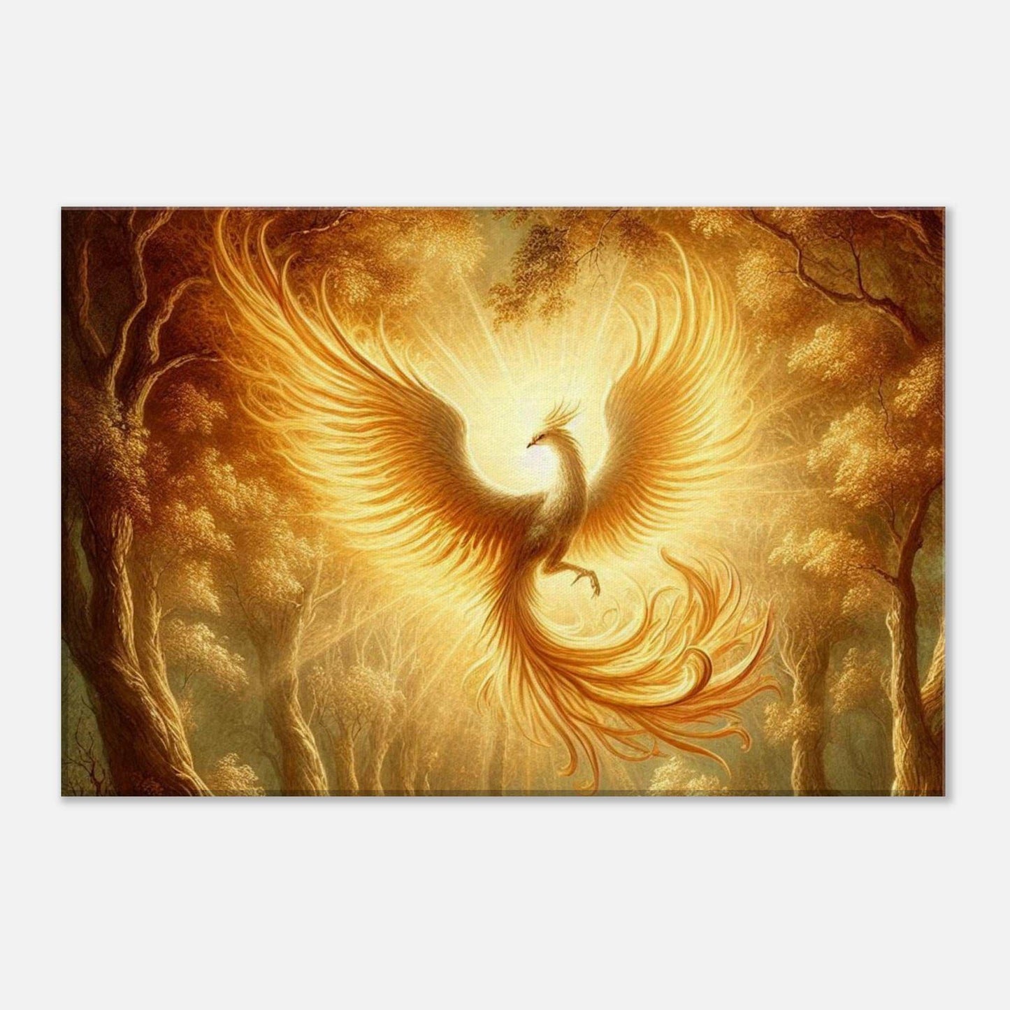 Phoenix Flight Canvas featuring a vibrant phoenix rising, printed on textured cotton-polyester canvas.