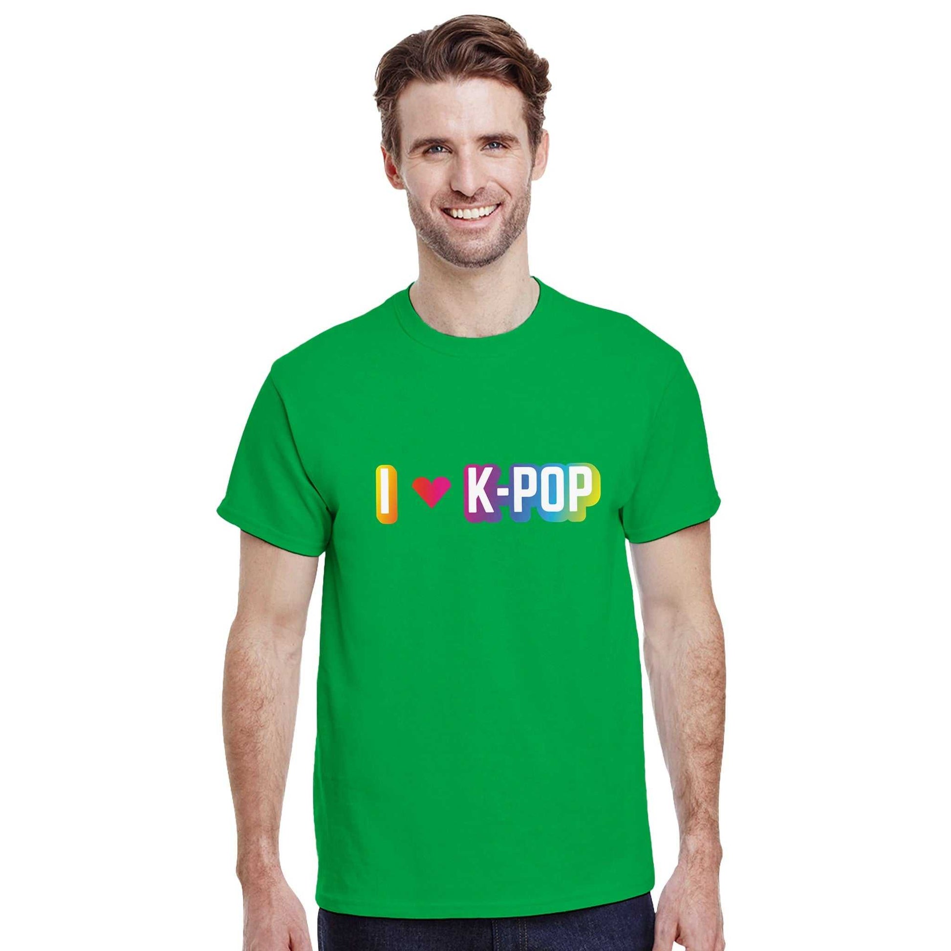 Green crewneck t-shirt with "I Love Kpop" design, classic fit, 100% cotton.