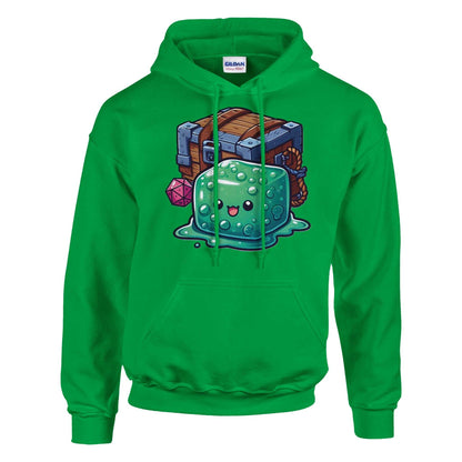 Green hoodie featuring a cartoon gelatinous cube and mimic design, made from a cotton and polyester blend.