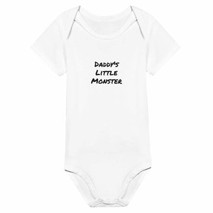 Daddy's Little Monster short sleeve baby bodysuit in white cotton.