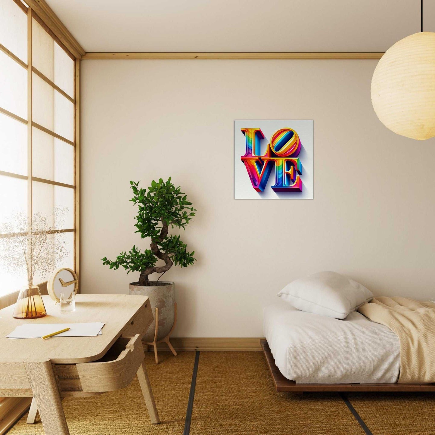 Love canvas wall art with vibrant colors in bedroom setting.