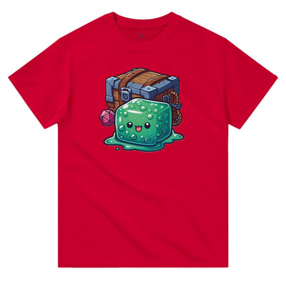 Red men's crewneck t-shirt featuring a cartoon gelatinous cube and mimic chest design.