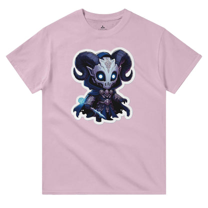 Voidwalker Women's Crewneck T-shirt featuring a cute, dark-themed character with glowing eyes on a pastel pink background.