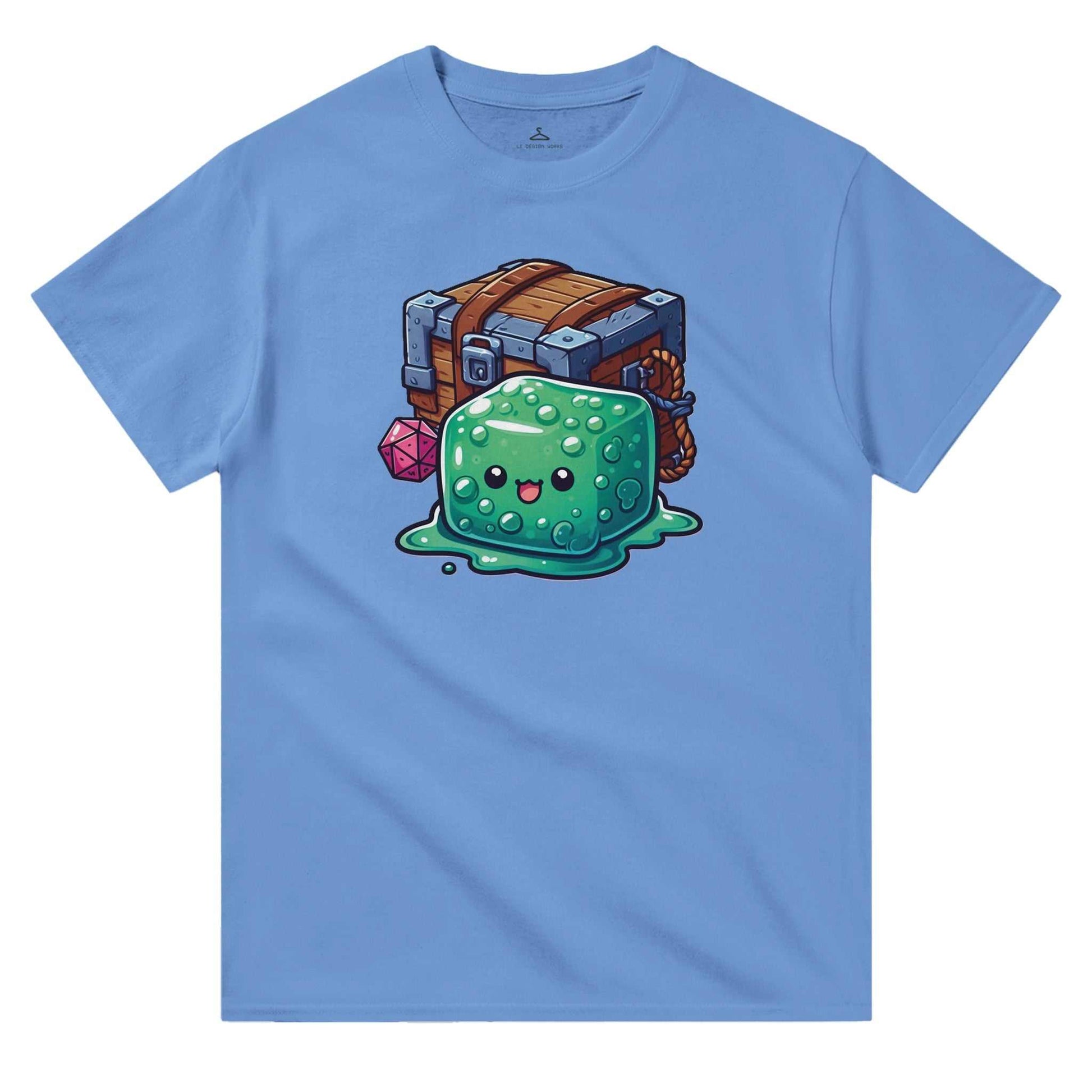 Blue men's crewneck t-shirt featuring a gelatinous cube and mimic design.