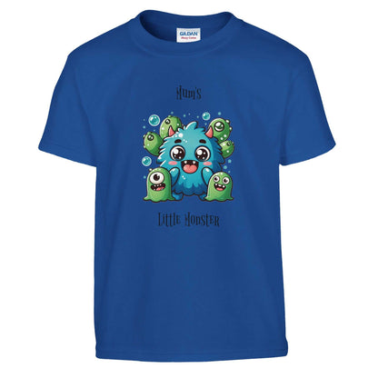 Blue kids crewneck T-shirt with monster design, comfortable 100% cotton.