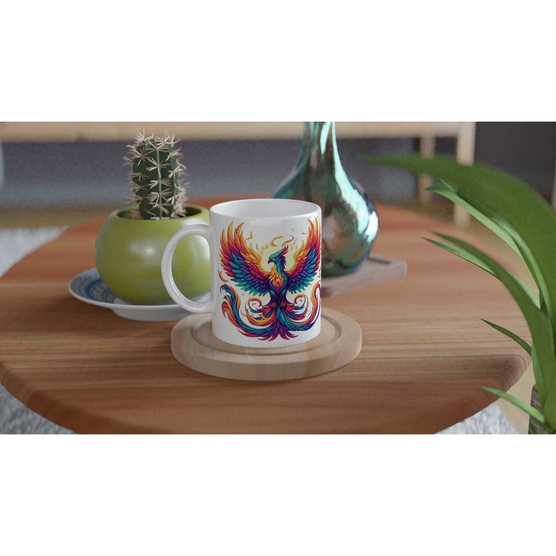 Phoenix 11oz ceramic mug with colorful phoenix design on a wooden table.